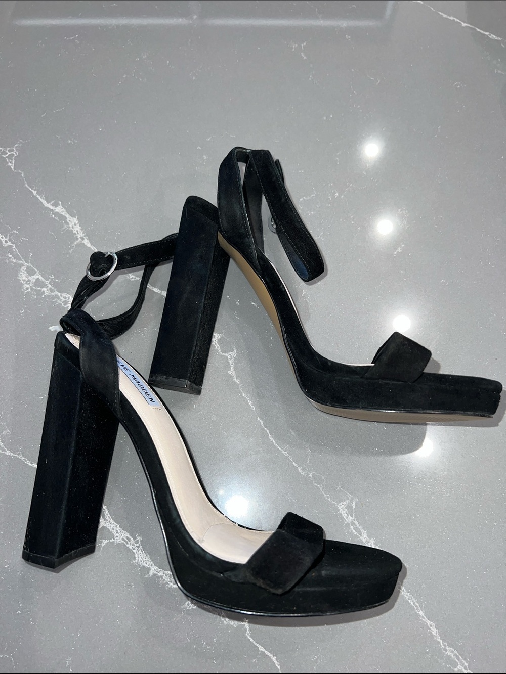 STEVE MADDEN Black Suede Platform Block Heel Sandals with Ankle Strap US 8.5